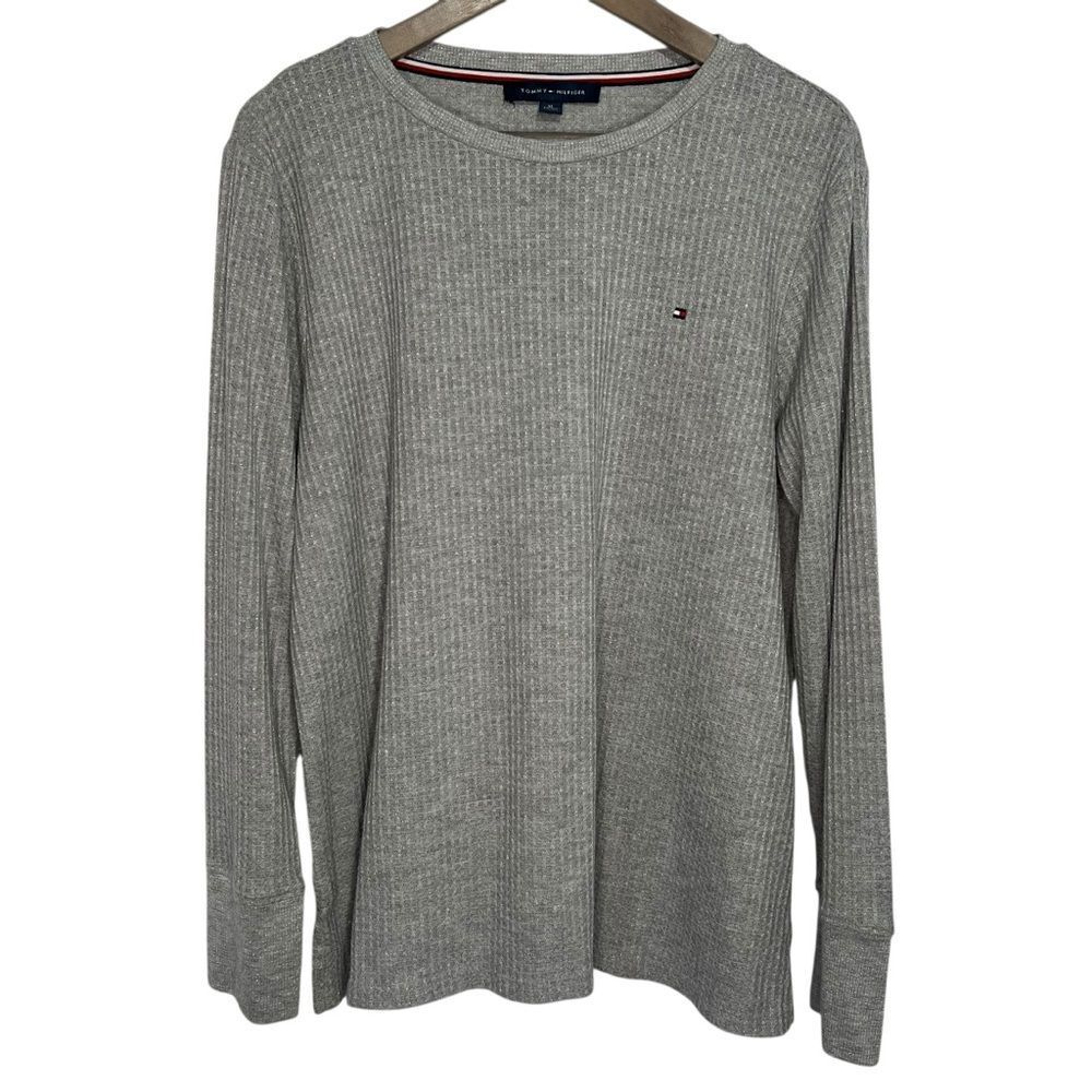 Tommy Hilfiger Metallic Waffle-Knit Sweater Top size XL Gray Silver Pullover